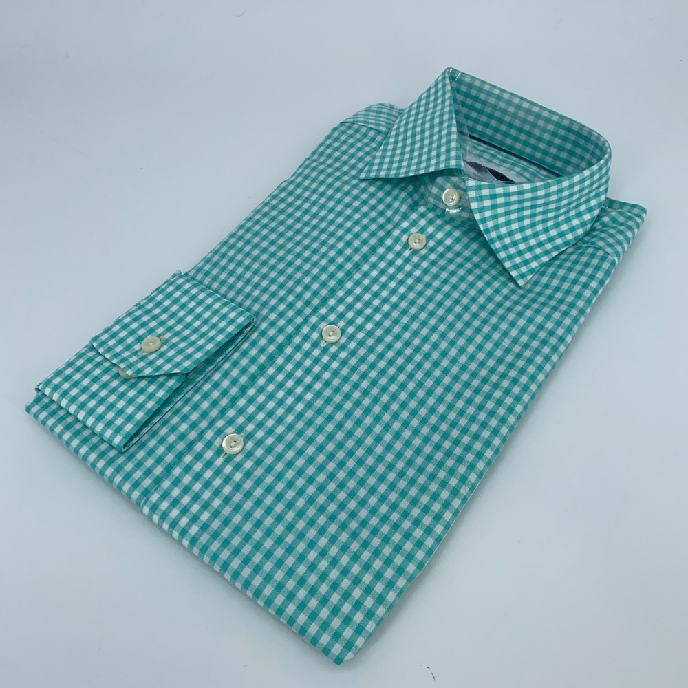 Eton Dress Shirt Mens M 15 1/2 - 39 White Teal Plaid Contemporary Fit Button Up‎